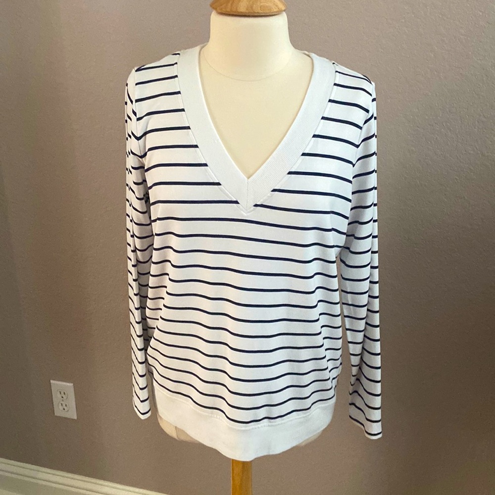 Transitional deep v neck stripe sweater.  Size M